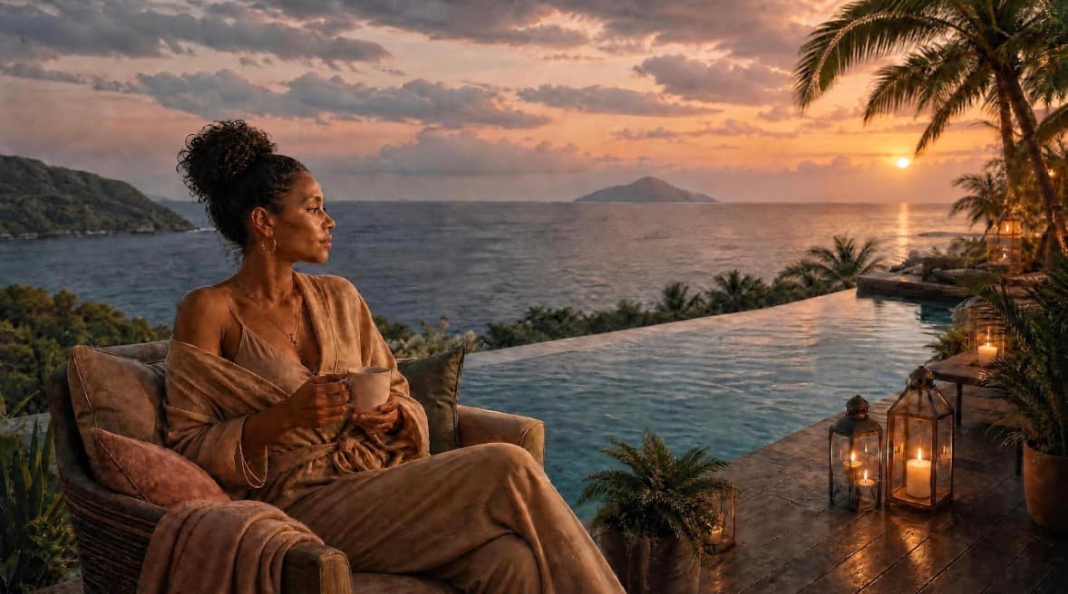 Relaxing at sunset by an infinity pool overlooking the ocean